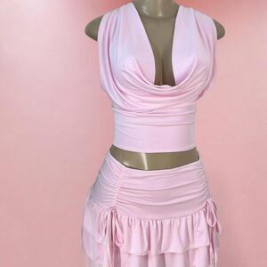 Pink Cowl Neck Ruffle Skirt Set | Coquette Two Piece Size M